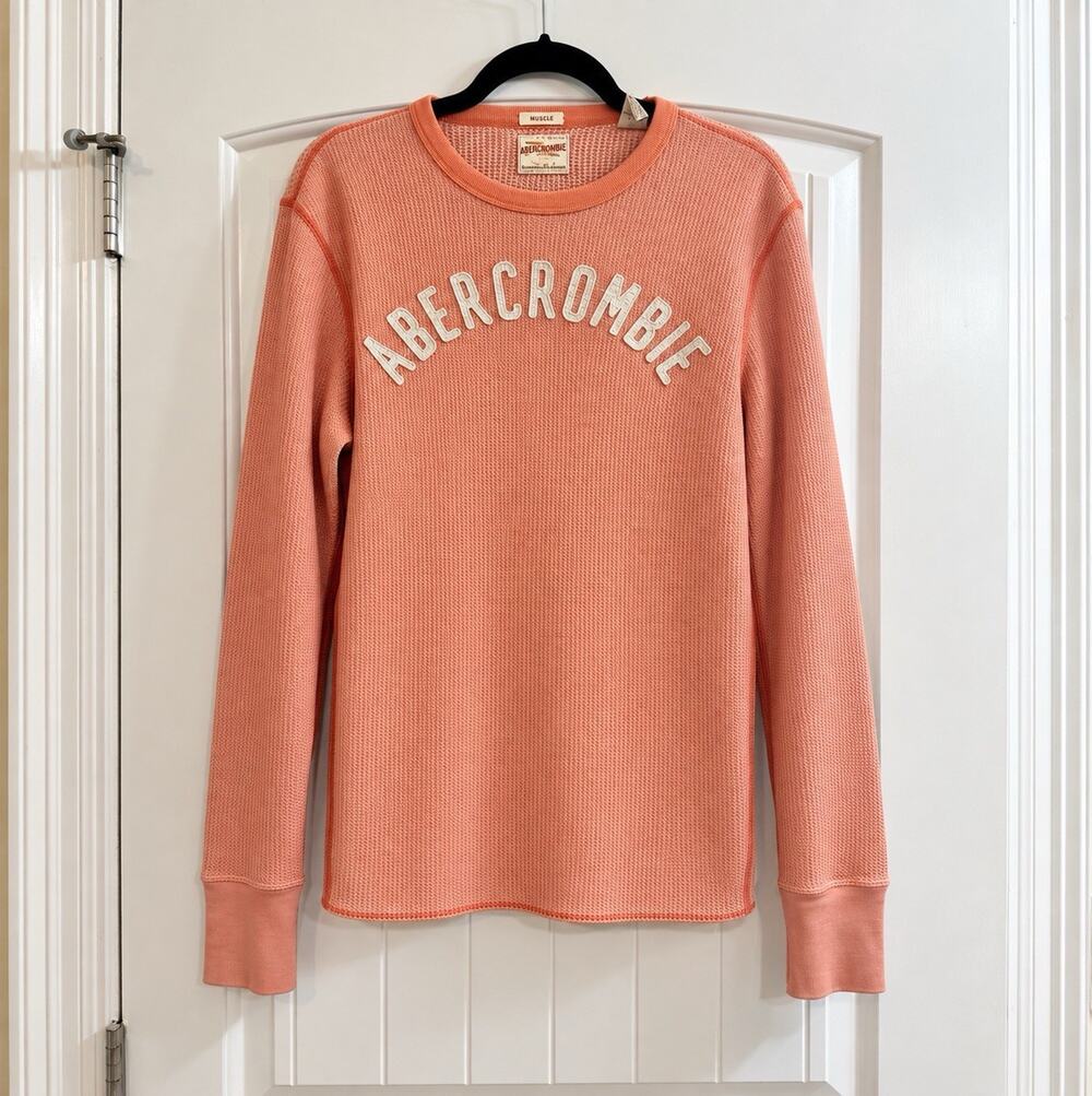 Abercrombie Men's Crewneck Y2K Muscle Long-Sleeve Orange L Waffle Knit